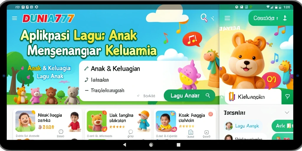 Tampilan antarmuka aplikasi DUNIA777 yang ceria dan interaktif.