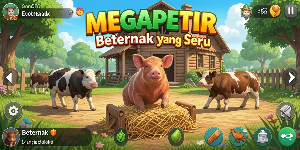 Antarmuka <strong>MEGAPETIR</strong> yang menampilkan peternakan dan hewan peliharaan.