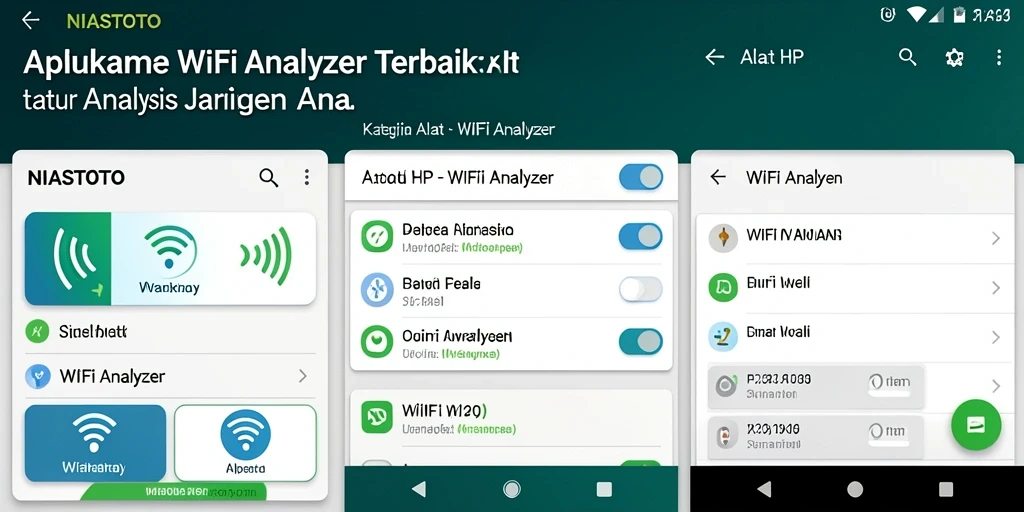 Antarmuka aplikasi NIASTOTO menampilkan analisis jaringan WiFi yang komprehensif.